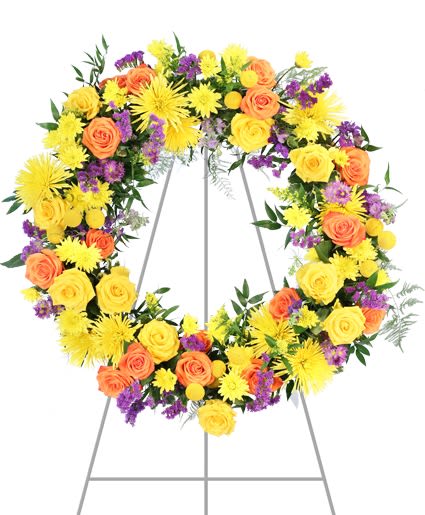 Colorful floral wreath on a standing easel