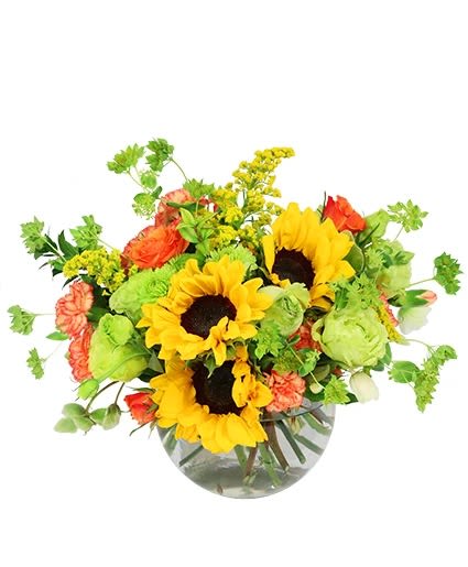 Sunflower bouquet with orange and green flowers in a glass vase