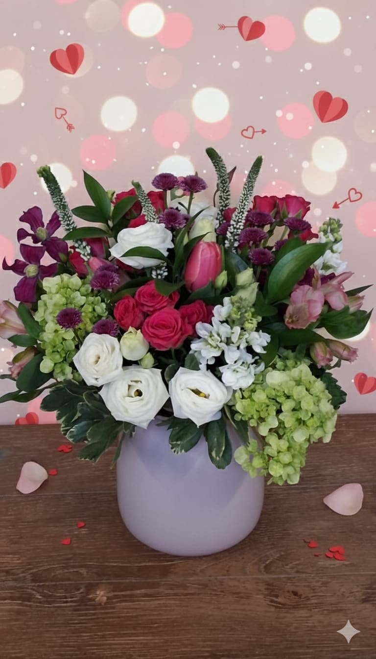 Mixed pink, white, and purple flowers in a round vase