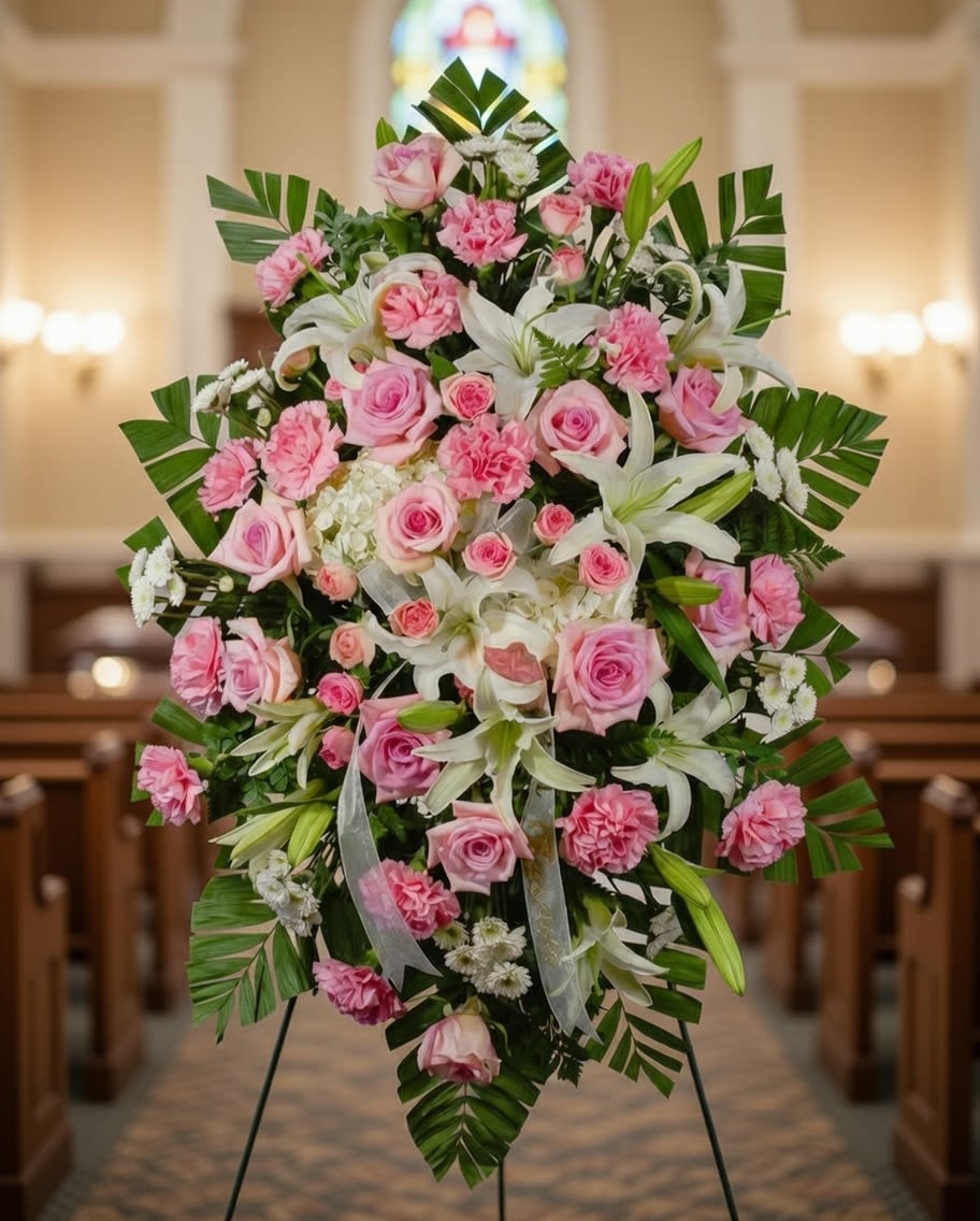 Pink roses and white lilies arranged on a standing easel
