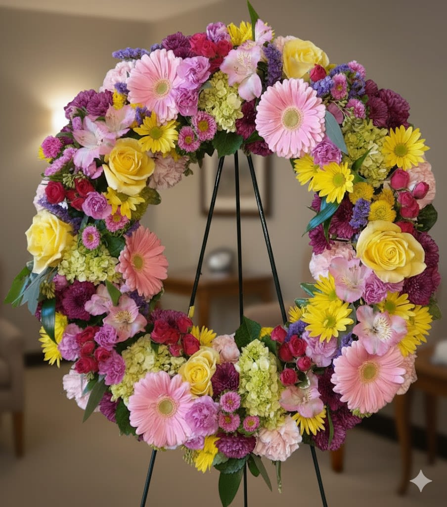 Colorful floral wreath on a black stand with pink, yellow, and purple blooms