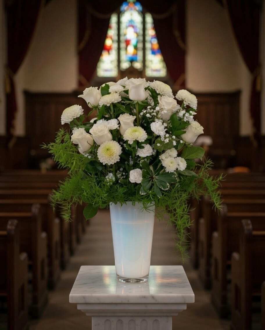 White floral arrangement in a tall glass vase on a pedestal