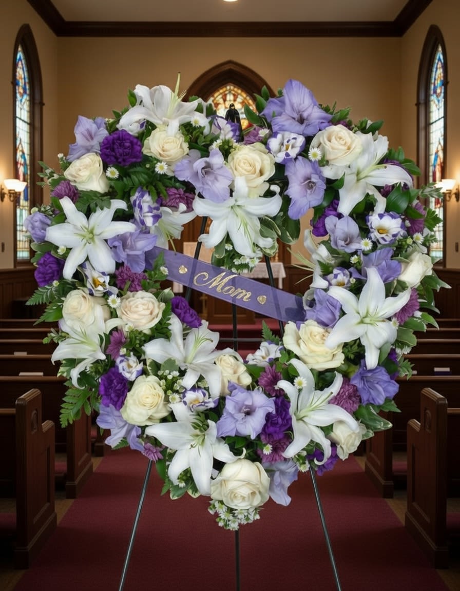 Heart-shaped floral wreath with white lilies, roses, and purple blooms