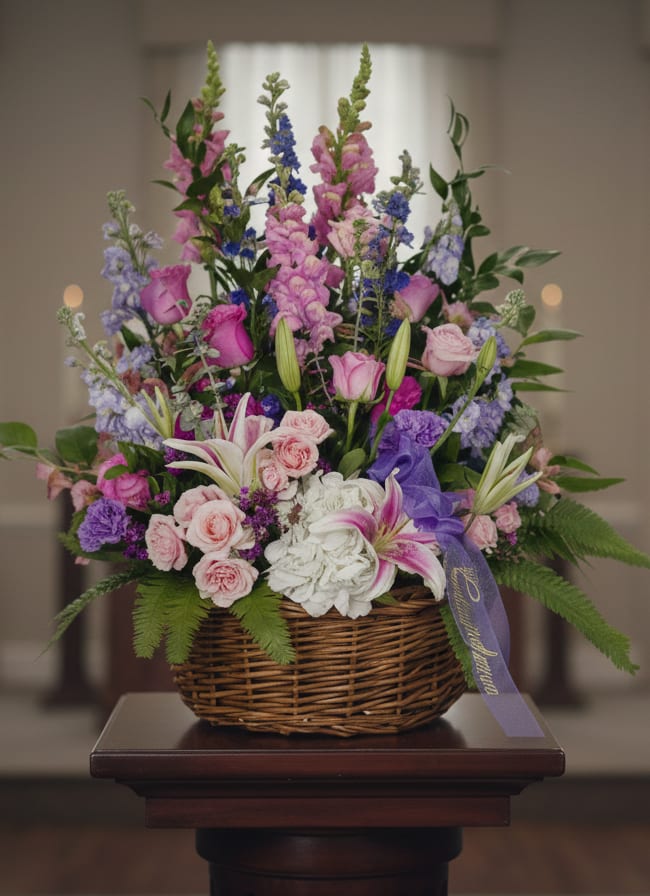 Basket arrangement of pink, purple, and white flowers with a ribbon