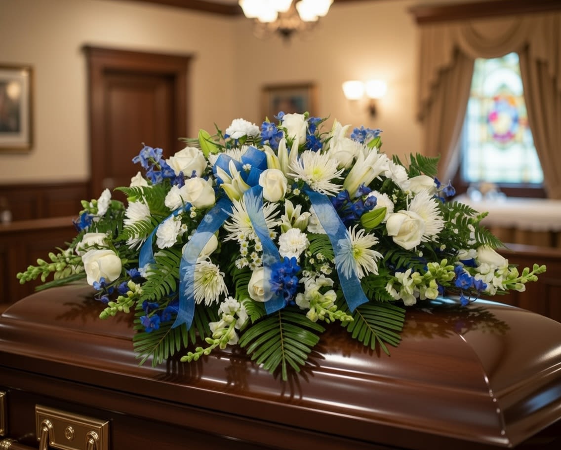 White and blue floral casket spray on a polished coffin