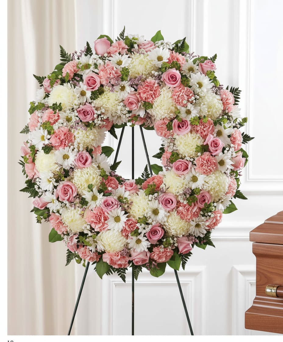 Serene Blessings Standing Wreath - Soft pink roses and pale cream chrysanthemums form a gentle halo in this standing wreath-an elegant sympathy arrangement designed to offer comfort at a funeral or memorial service. The circular form on a black metal easel creates a respectful, formal presentation that reads as both traditional and deeply comforting; the person you're thinking of will feel honored and remembered by its calm, pastel palette.  This large wreath is densely assembled with pink roses, pink carnations, white daisies, pale cream chrysanthemums, scattered baby's breath and leafy green foliage for a layered, full look. The arrangement's balanced, symmetrical composition and rich texture-soft petals against fresh greenery-make it visually soothing from every angle. It arrives ready to display on the included metal easel stand for an immediate and dignified presence at services or graveside.  Perfect as a memorial tribute or to express sympathy, this piece says "you are in my thoughts" without words. The design is crafted to hold its shape throughout viewing; for longevity, keep it sheltered from direct sun and extreme heat until the service. If you need delivery timed to a service or help with placement, we can arrange same-day or scheduled delivery to the venue.
