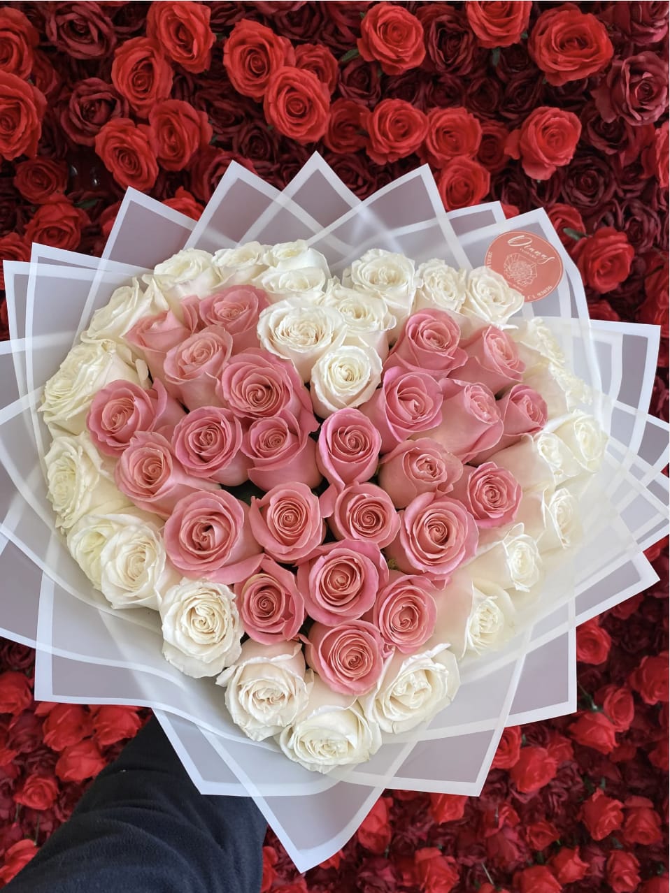 Heart-shaped bouquet of pink and white roses wrapped in translucent paper