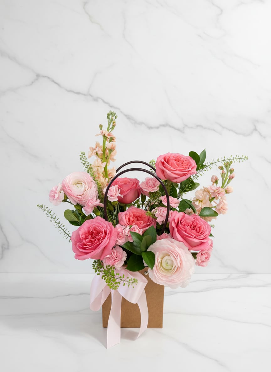 Pink roses and ranunculus arranged in a gift bag with a ribbon.