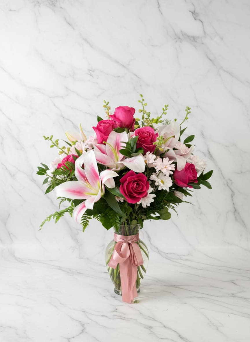 Pink roses and lilies in a glass vase with a pink ribbon