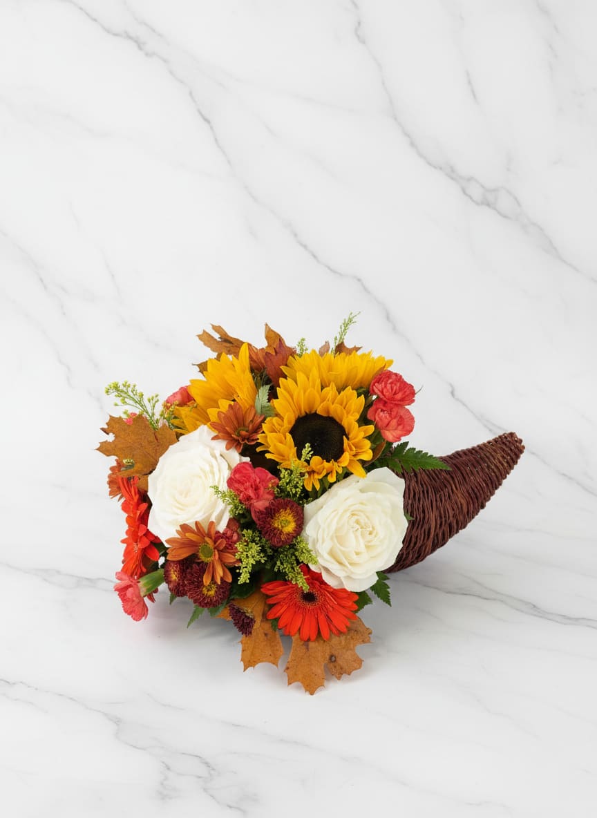 Autumn bouquet with sunflowers, white roses, and orange blooms