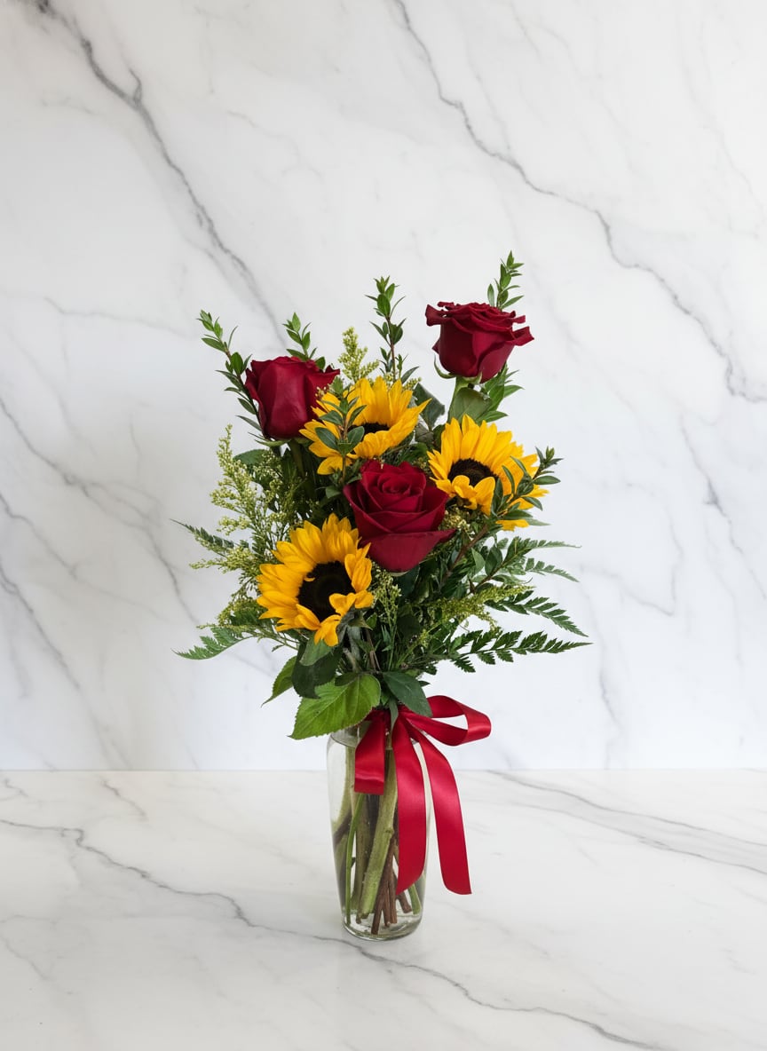 Red roses and yellow sunflowers in a glass vase with a red ribbon