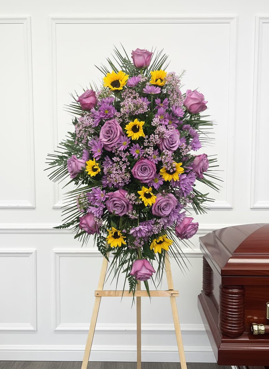 Tall standing spray of lavender roses and yellow daisies on an easel beside a wooden casket.