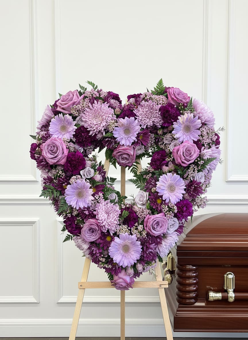 Heart-shaped purple floral tribute on an easel beside a casket