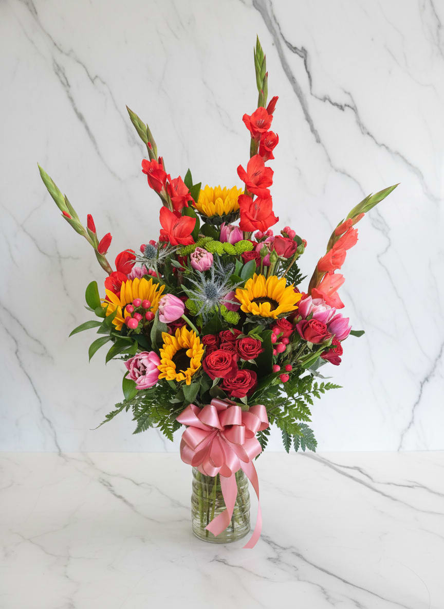 Sunset Tropicana - A bold, tropical-inspired arrangement designed with rich and vibrant tones. This piece features striking red gladiolas, red hypericum, double tulips, sunflowers, red spray roses, thistle, and green mums, all brought together with fresh greenery. The mix of warm reds, golden yellows, and textured accents creates a full, eye-catching design that brings a bright, exotic feel to any space.