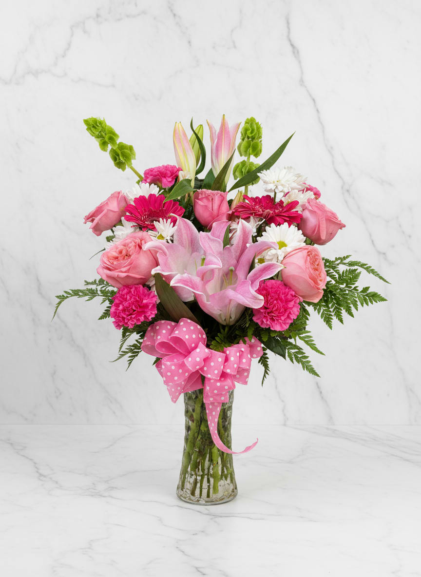 Pretty in Pink Vase - Pink lilies, roses, gerbera, carnations and white daisies in a clear vase with a pink polka-dot ribbon-cheerful, feminine mix perfect for birthdays or a romantic surprise.