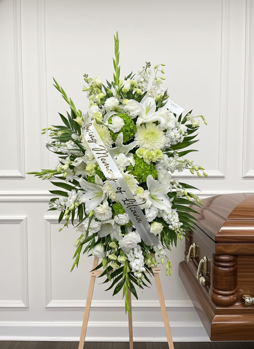 Orchid Standing Spray - This standing spray is a striking and elegant tribute, featuring a lush mix of orchids, China mum, Gladiolus, Hydrangea and carnations, arranged in a single, sweeping design.  **Note: PICTURED IS THE DELUXE SIZE.  Easel is INCLUDED**