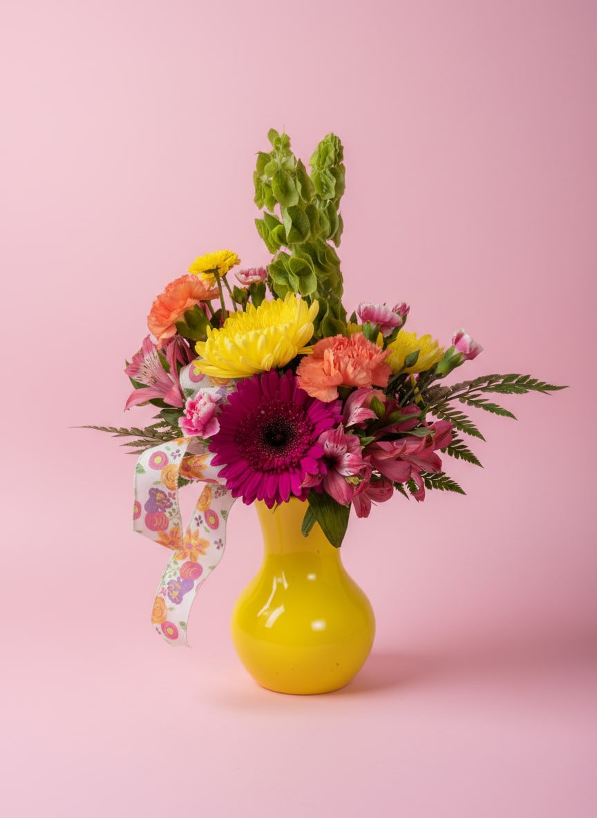 Color Me Happy - Bright, cheerful, and bursting with personality, Color Me Happy is designed to make any day a little brighter. Arranged in a vibrant keepsake vase and finished with a playful floral bow, this joyful design features a lively mix of fresh blooms in shades of sunshine yellow, vibrant orange, hot pink, and soft blush, accented with fresh greenery for texture and movement.  Whether you’re celebrating a birthday, sending congratulations, wishing someone well, or simply spreading a little happiness, this arrangement delivers a colorful reminder that flowers have a way of making every moment feel special.  Each arrangement is handcrafted by the designers at Moose Lake Florists, making every piece unique while staying true to the bright, whimsical style shown.  *Flower varieties and container colors may vary slightly based on seasonal availability while maintaining the overall color palette, style, and value.*