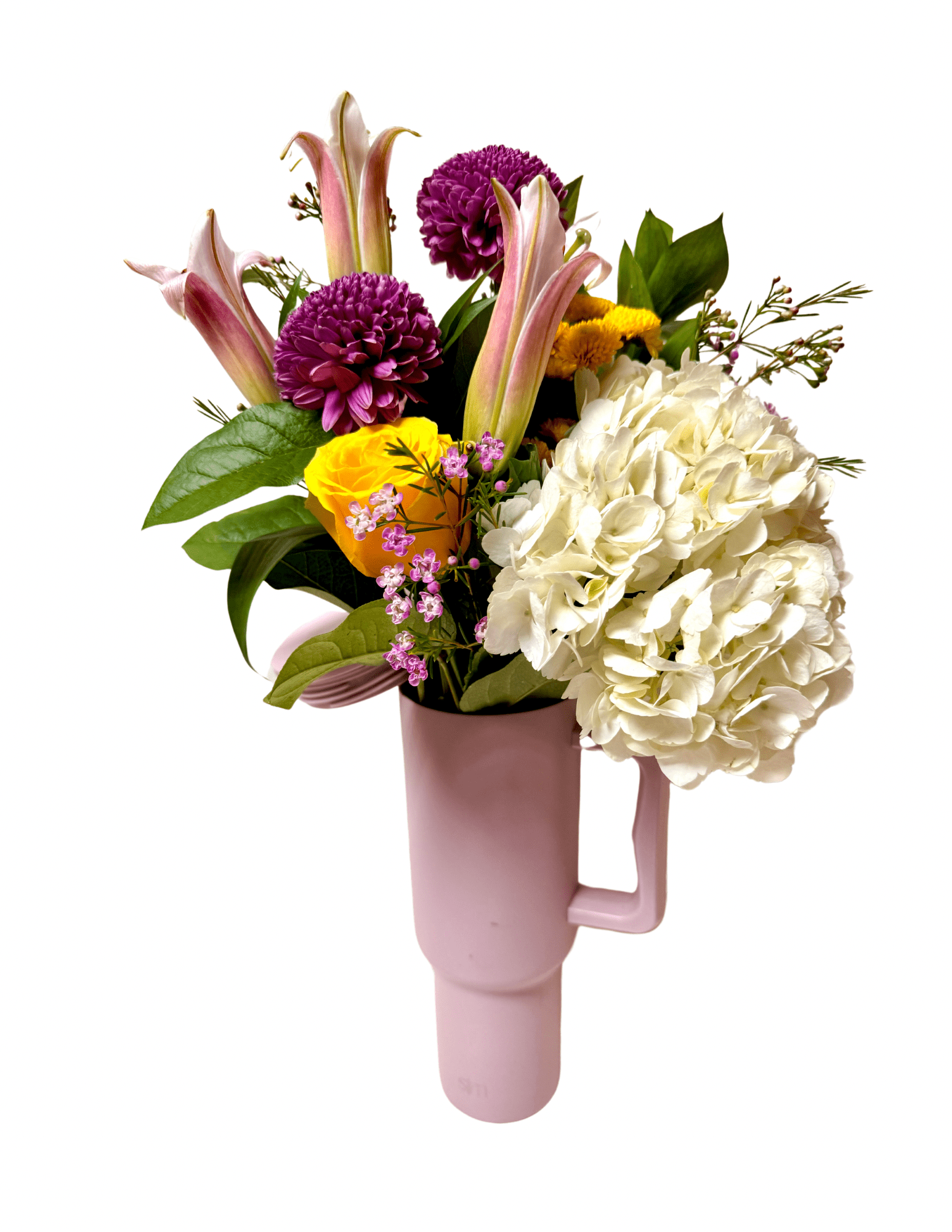 Bouquet of white hydrangea, purple mums, and pink lilies in a pink vase