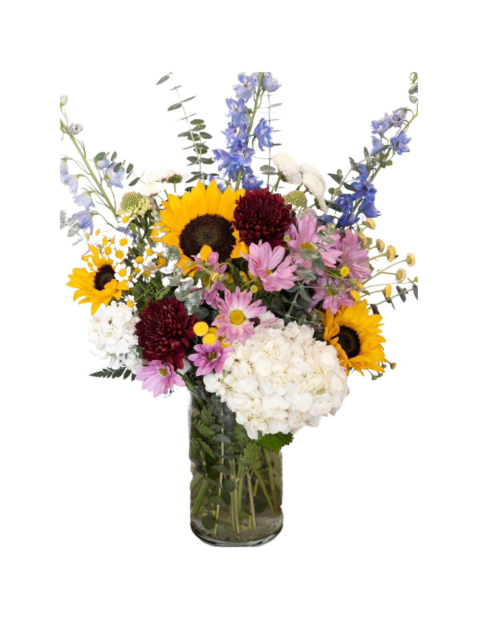 Valley of Sunshine - A mix of hydrangeas, sunflowers, and gorgeous skyline-colored flowers. 