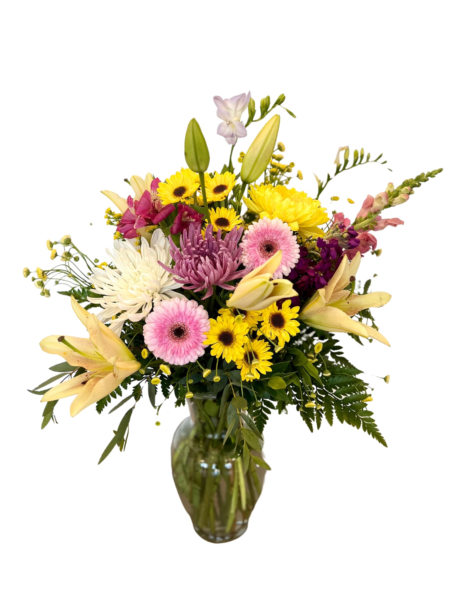$60 Custom flower bouquet  - Daisies, lilies, snaps, Gerber Daises, and Poms arranged in a beautiful vase. 