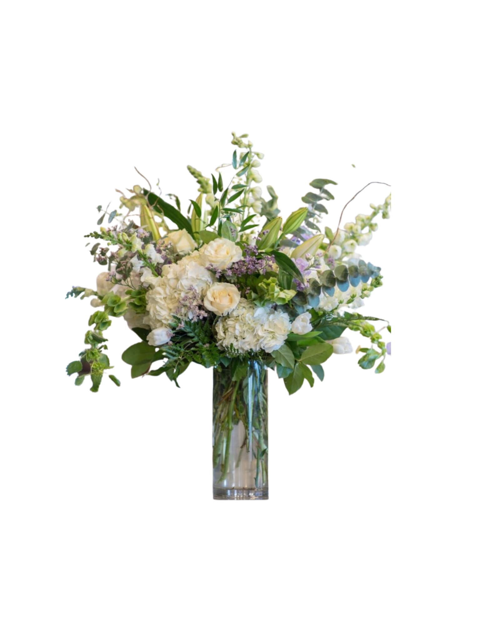 $90 Custom Bouquet  - This elegant arrangement of white hydrangeas, greens, and more is a showstopper! Sure to impress and wow! 