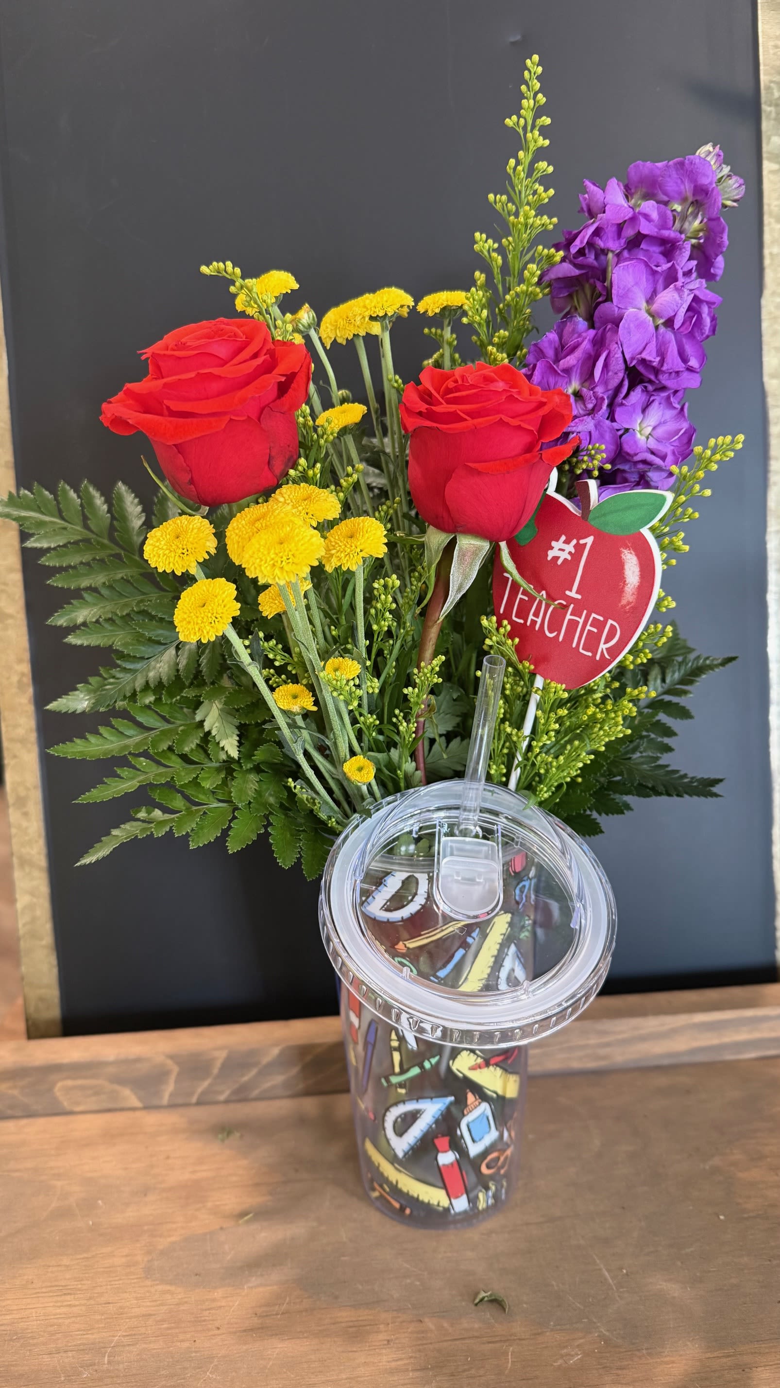 Teacher Tumbler of Blooms - A school themed tumbler filled with flowers and accented with an apple or book themed pick