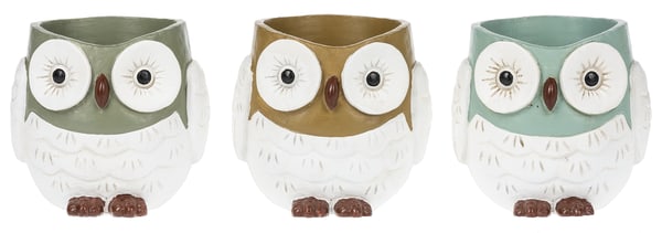 Three owl-shaped ceramic planters in green, gold, and mint