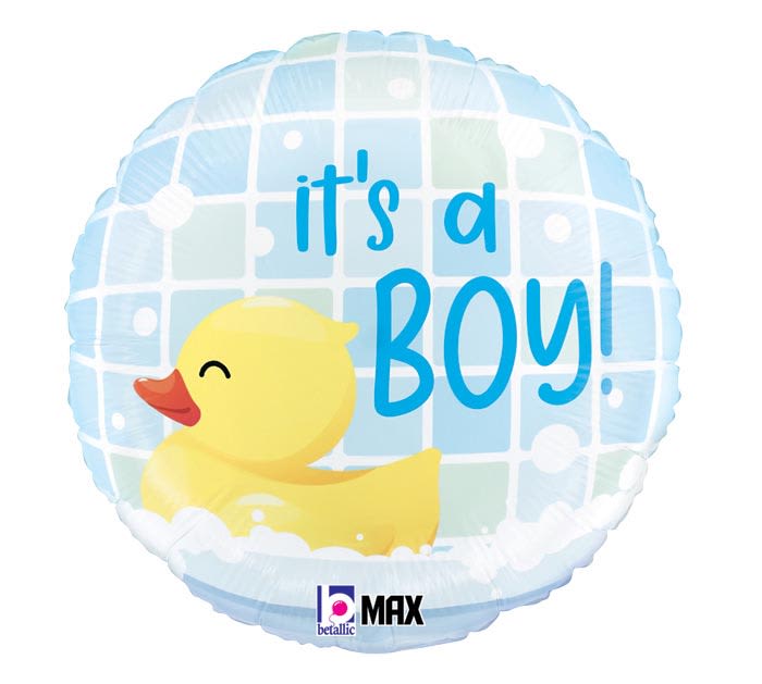 Round baby shower balloon with a duck and the words "it's a BOY!"