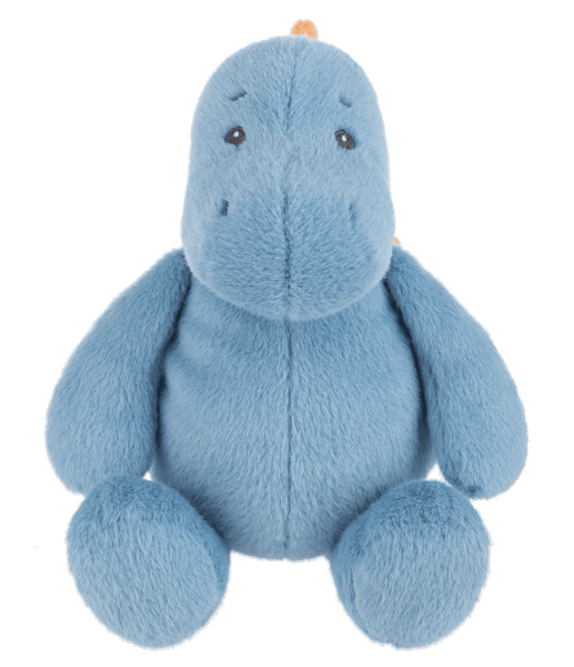 Blue plush dinosaur toy sitting upright