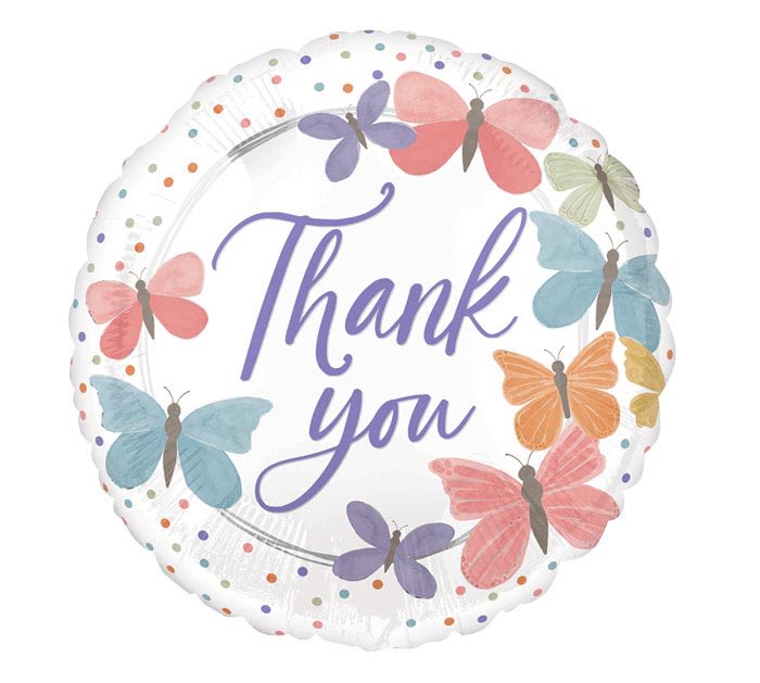 Round balloon with butterflies and the words Thank You