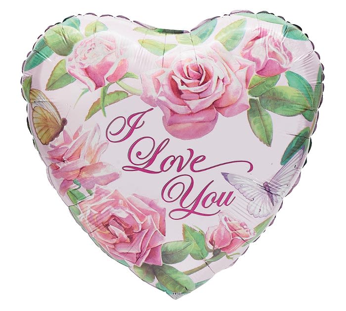 Heart-shaped balloon with pink roses and the words I Love You
