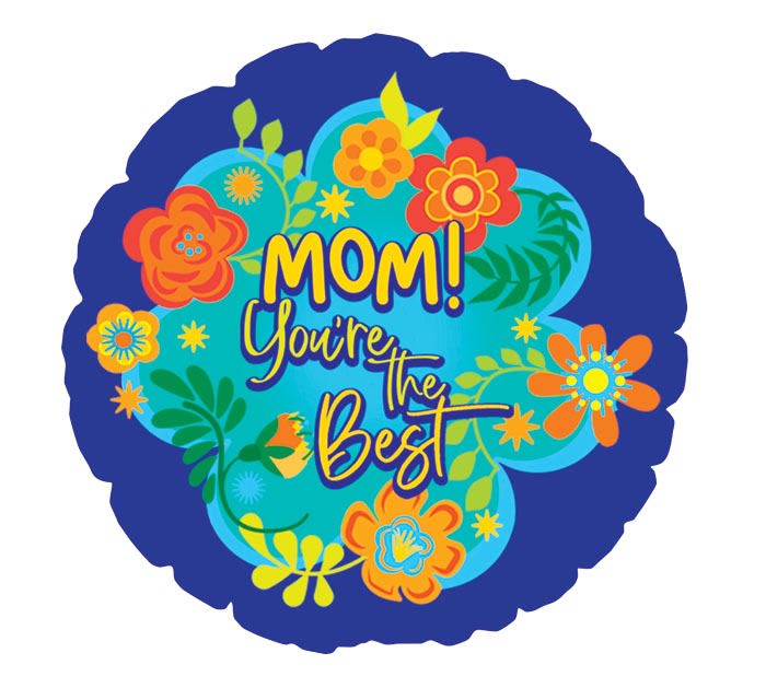 17" Mom You're The Best - Bright, playful and unmistakably celebratory-this 17" "Mom! You're The Best" round balloon is the perfect Mother's Day or birthday add-on to make Mom feel seen and celebrated. As a cheerful gift accessory for a flower arrangement, it sends an upbeat, loving message that complements bouquets for mom, grandmother, or any maternal figure you're honoring.  The balloon features a dark blue outer edge and a bright turquoise center filled with stylized floral graphics, with "Mom! You're the Best" printed in bold yellow and blue lettering for instant visual impact. Sized at 17", it pairs beautifully with mixed-color bouquets in blue, yellow, orange, or multicolor palettes and adds height and a playful focal point to the gift. Add this balloon to your order to create a fuss-free, joyful presentation that will make her smile-no extra care needed beyond keeping it away from sharp objects and heat.