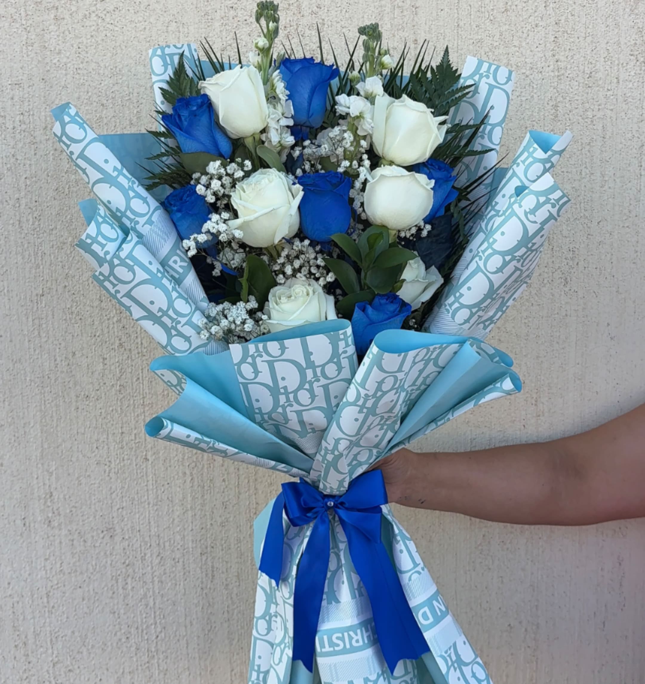 BLUE DREAM LUX - Full Dozen Wrapped in Lux Wrapping Paper  Blue and white themed