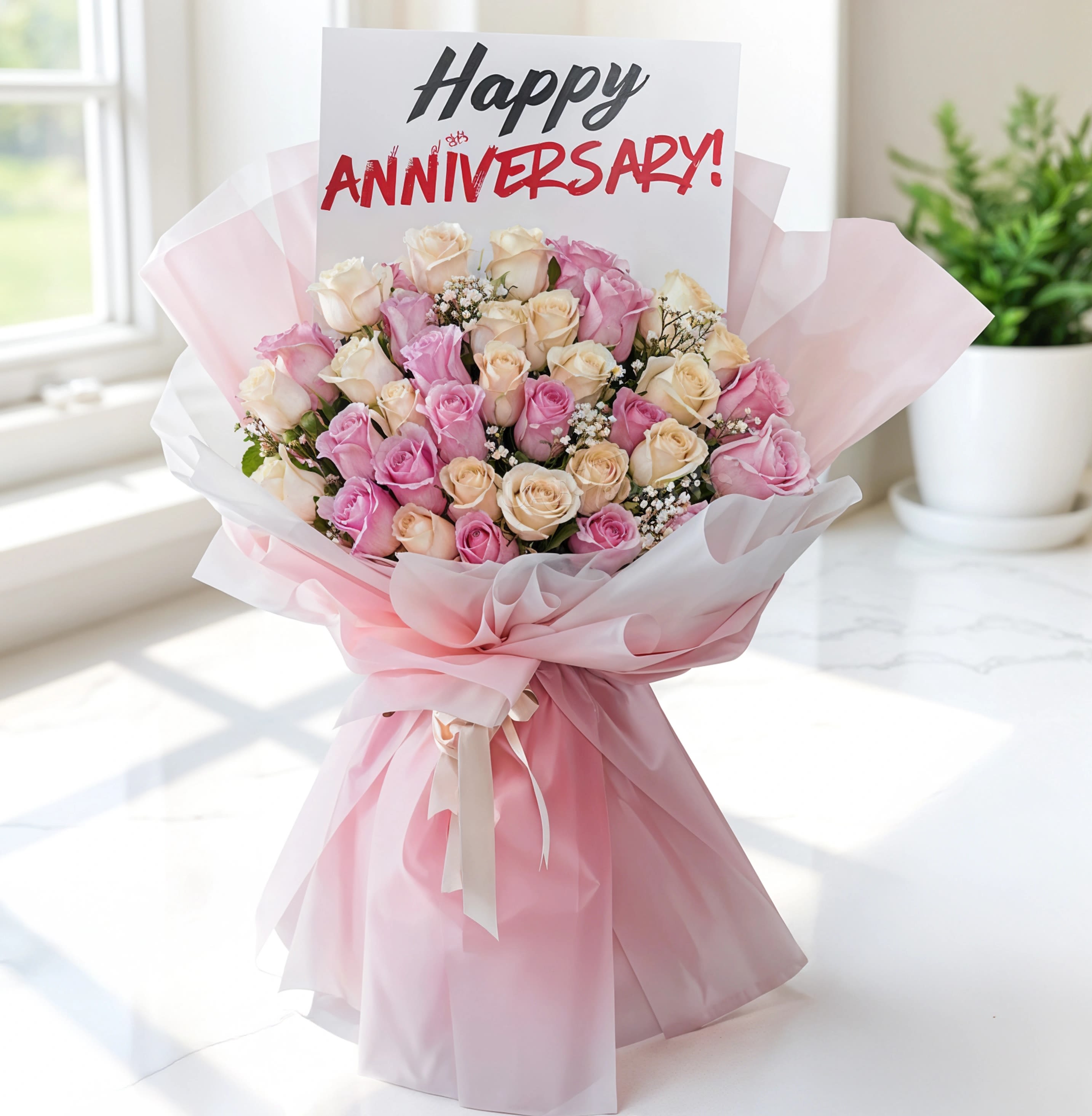 Pink and cream rose bouquet with an anniversary card
