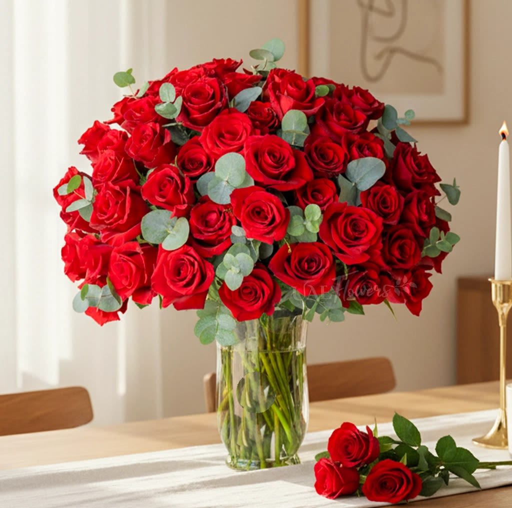 Red roses arranged in a clear glass vase with eucalyptus accents