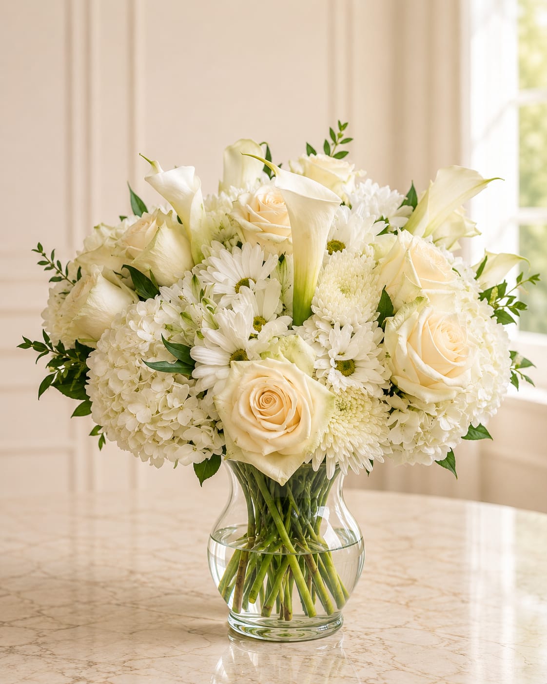 All white Delight  - This arrangement is perfect for sympathy, weddings, anniversary, new beginnings, housewarming, or simply adding refined beauty to your home. This arrangement radiates purity, peace, and effortless luxury, making it a memorable gift for any occasion.  Pease NOTE: Flower varieties may vary slightly based on seasonal availability while maintaining the overall style, color palette, and premium quality of the arrangement. 