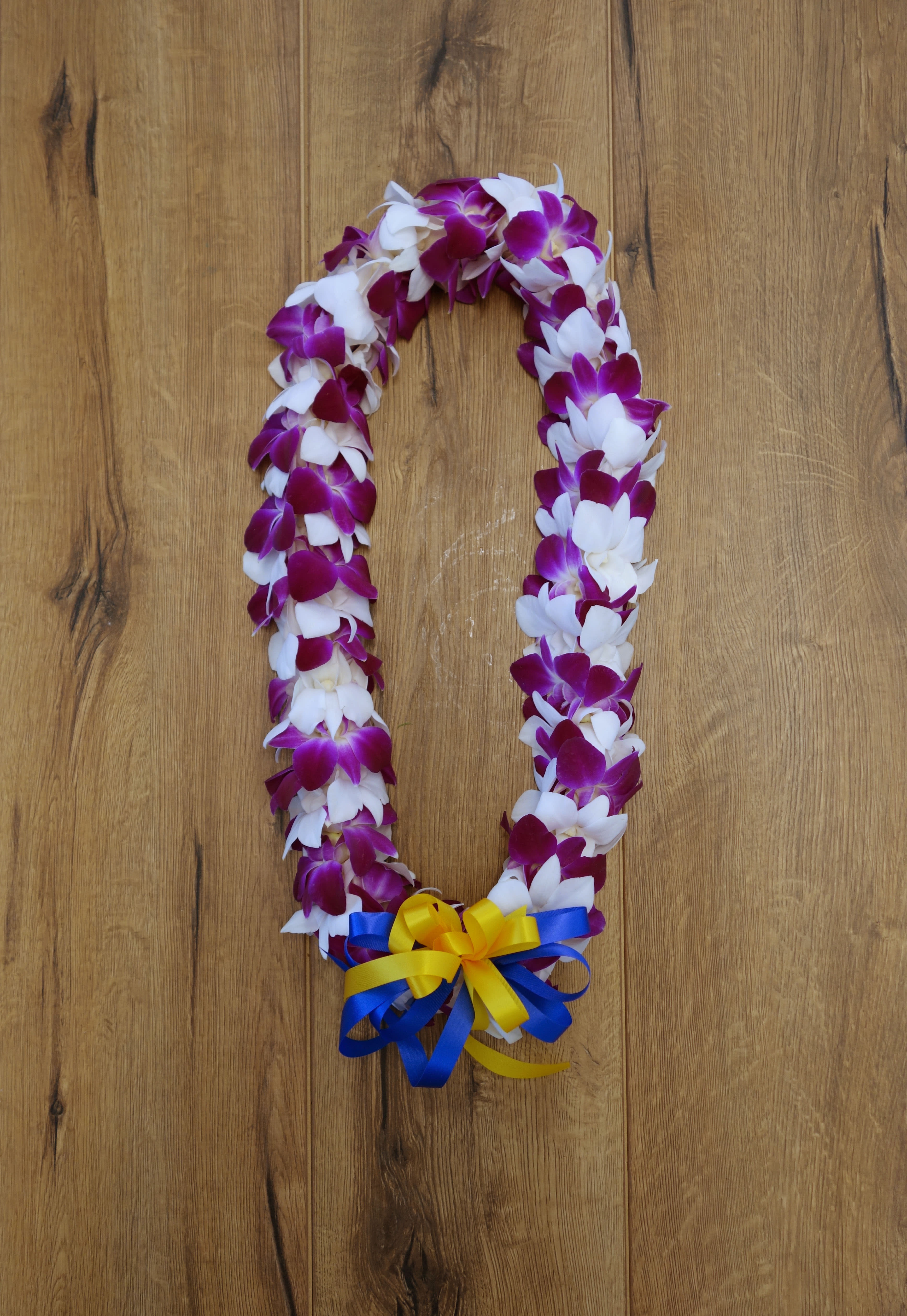 Purple and white orchid lei with blue and yellow ribbon bow