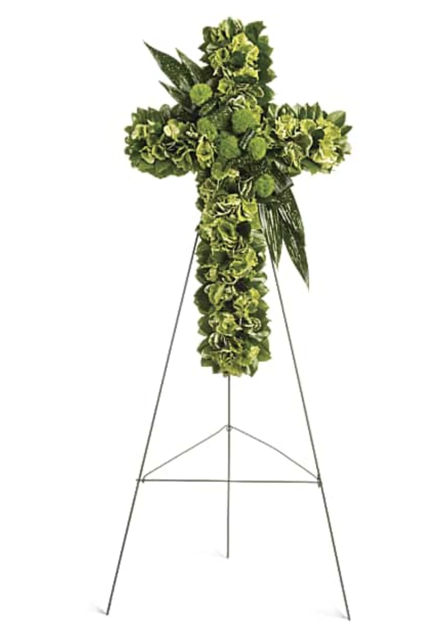 Garden Cross - Stunningly simple, this lovely floral cross is a beautiful addition to the memorial service, honoring someone for whom faith was an essential part of life. The exquisite arrangement includes green hydrangea, green trick dianthus, variegated pittospourum, 