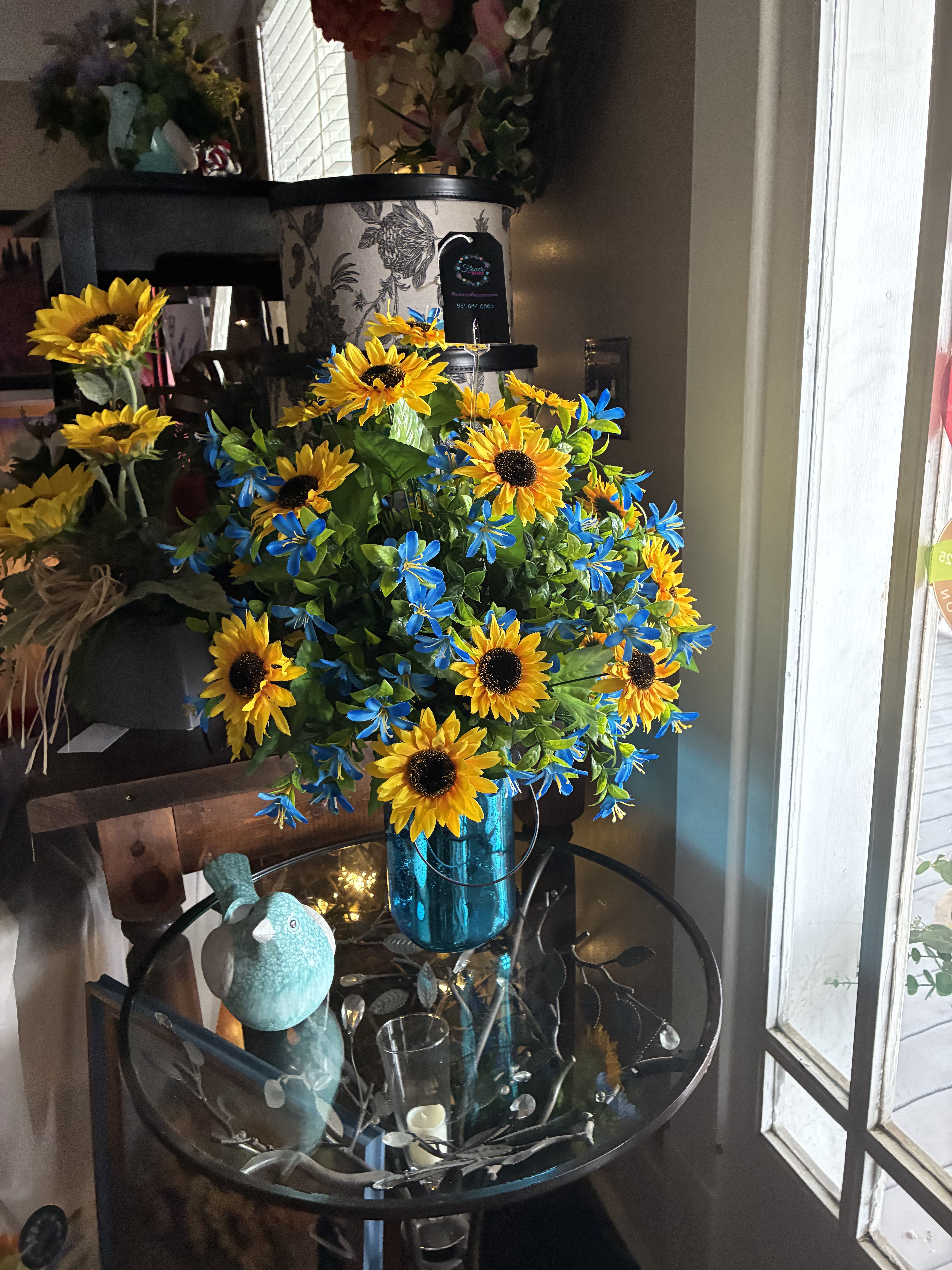  Sunflower Sparkling Vase SILK -  Looking for something a little different to send in honor of a loved one or just as a special happy birthday or thinking of you? This rustic wood box has a handle for an extra vintage look and it  is filled with sunflowers hydrangeas, mixed greens. It’s hard to believe it silk because they have such an awesome dried look. And it is just the right thing to add some autumn love to a country home.