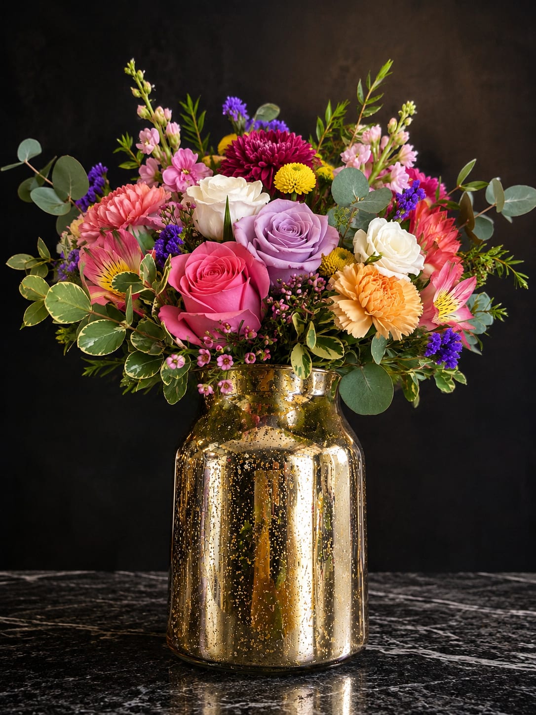 Spring Reflections - Bright, reflective gold accents meet a cheerful bouquet in this mixed-color flower arrangement-perfect as a birthday bouquet, anniversary surprise, or a heartfelt thank-you gift. The rounded, densely packed design places pink roses at the center for a romantic focal point while lavender and white blooms ripple outward, creating an uplifting color story that reads joyful and celebratory to the person you're honoring.  Roses pair with ruffled carnations, daisy-like chrysanthemums and Alstroemeria, plus smaller accent blooms to give the arrangement rich texture and a lively, garden-fresh feel. The flowers are gathered low in a gold glass vase that mirrors the colors and adds warm shine; the compact composition makes it easy to display on a table, desk, or entry console.  This is the kind of bouquet that makes someone feel truly seen-bright, approachable, and unpretentious. Arrives ready to display in the included gold vase; to keep blooms fresh, change the water every couple of days and trim stems slightly when you refresh the vase.