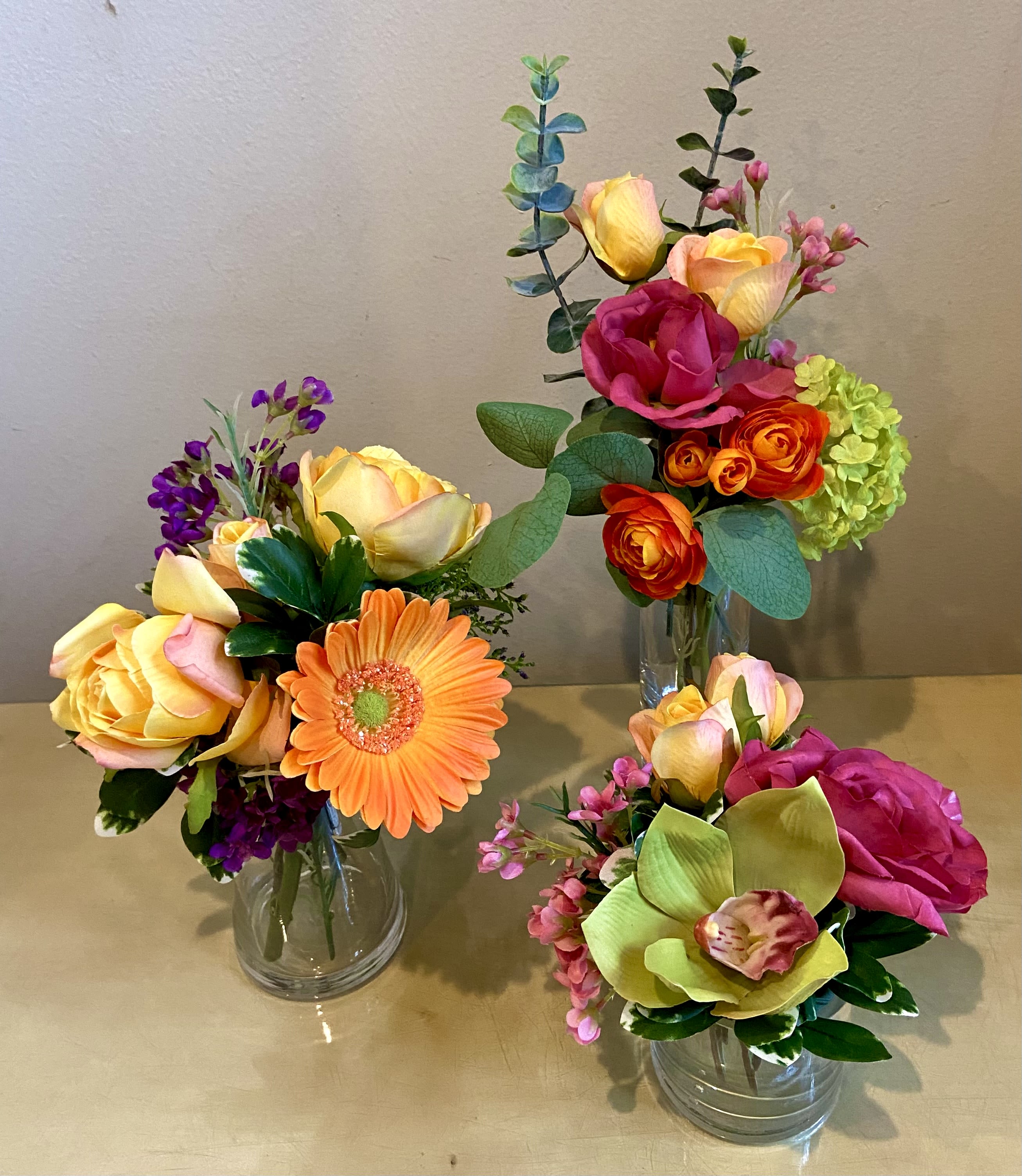 Party Favors - Set of 3 - Silk Floral Clusters - 3 petite vases of silk blossoms that look incredibly real.  Great as a grouping or individual pieces. Perfect party or wedding favors that work as table decor as well.