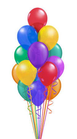 Cluster of colorful balloons with curling ribbons