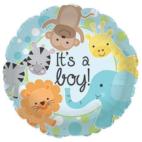 Round baby shower balloon with cartoon animals and "It's a boy!" text