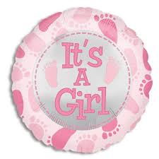 Pink round balloon with "It's A Girl" text and baby footprints