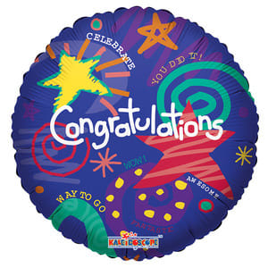 Round congratulatory foil balloon with colorful doodles and stars
