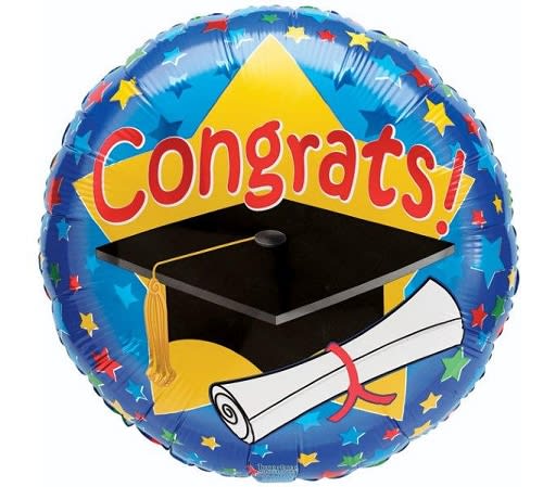 Round graduation balloon with a cap, diploma, and "Congrats!" text
