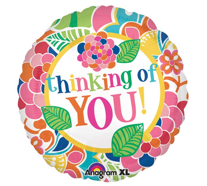 Round foil balloon with colorful floral pattern and "thinking of YOU!" text