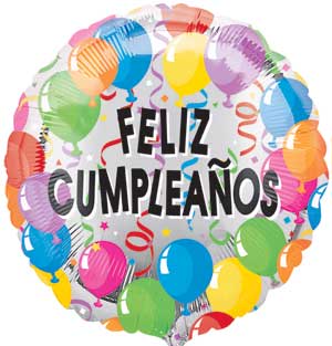 Round birthday balloon with "Feliz Cumpleaños" text and colorful balloons