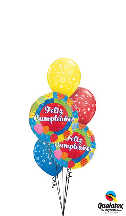 Cluster of colorful birthday balloons with "Feliz Cumpleaños" text