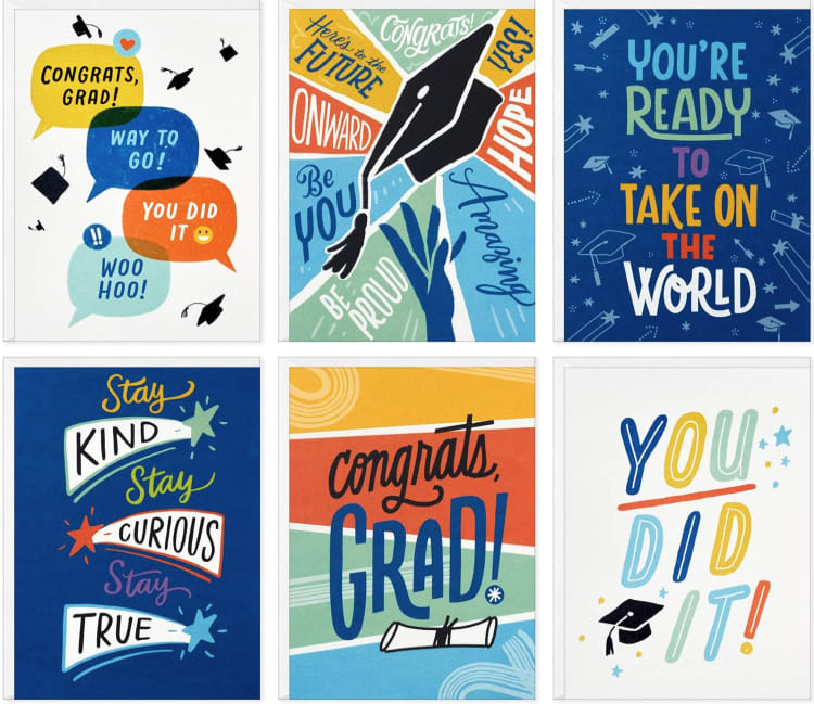 Six colorful graduation greeting cards with congratulatory messages.